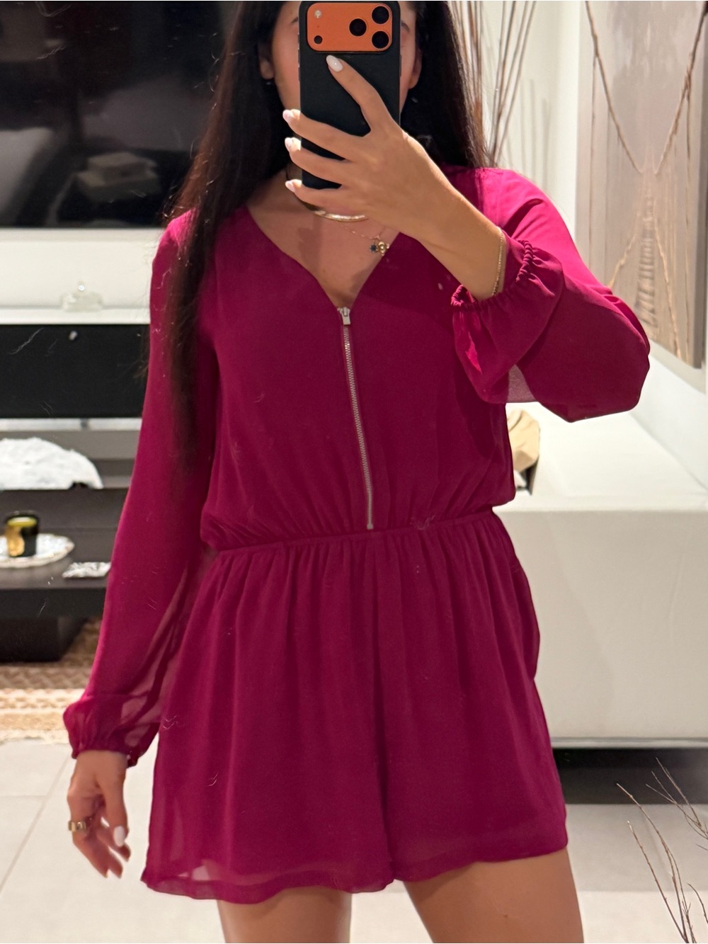 Express Magenta Zip-Front Long-Sleeve romper with side pockets loose fit y2k